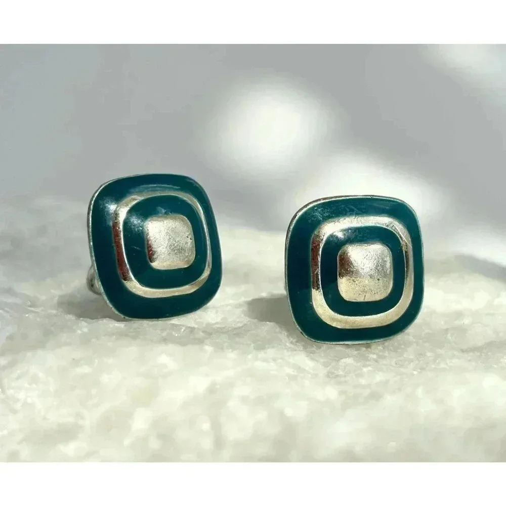 Vintage Silver Toned & Green Enamel Rounded Square 80's Clip on Stud Earrings